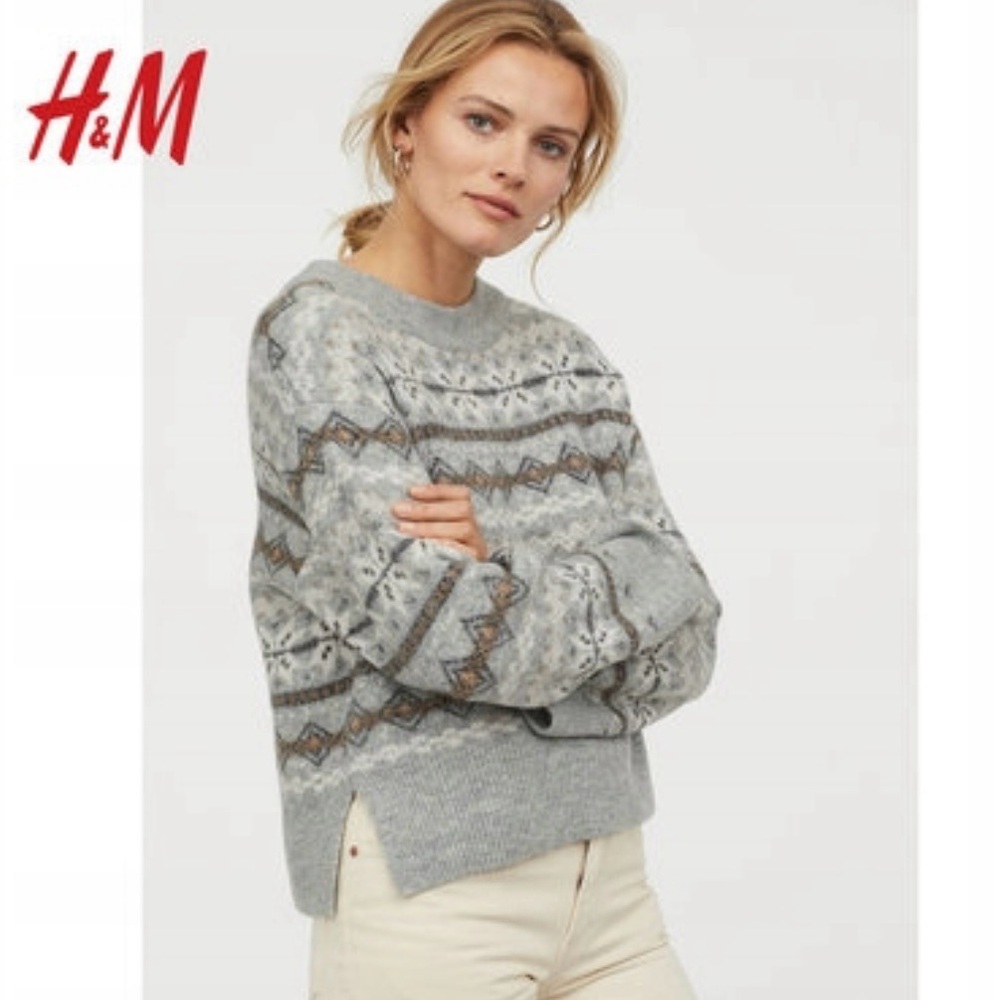 H&M Fair Isle Sweater Nordic Winter Knit Pullover Gray Cozy Scandinavian Size M